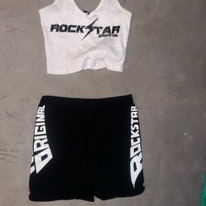 Rockstar Original White Crop Top & Black Logo Bike Shorts Set